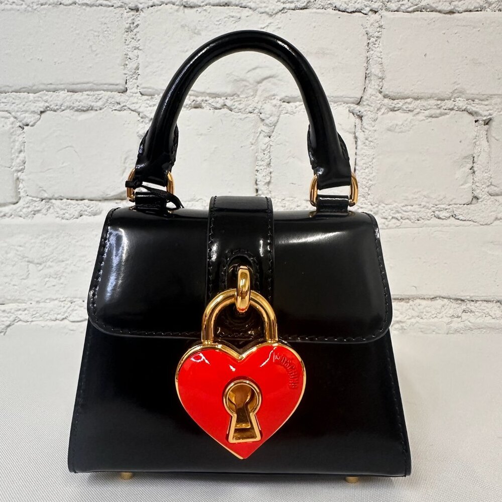 SS23 MOSCHINO Couture Jeremy Scott Black Heart Lock Patent Leather Top Handbag